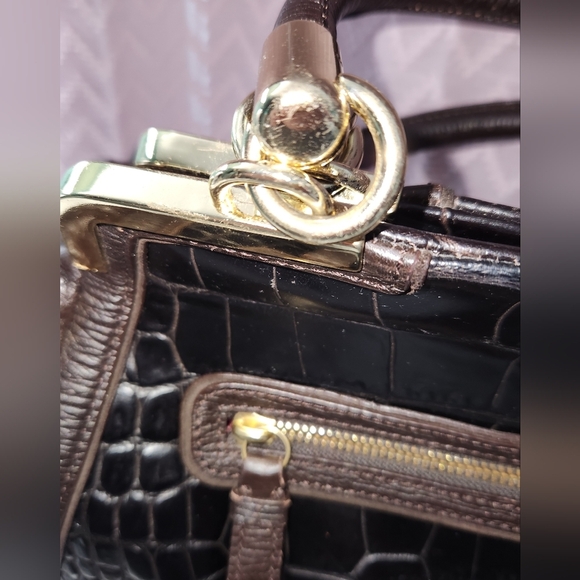 Coach Black/ Brown Espresso Textured Leather Satchel with Gold Hardware - Picture 6 of 14